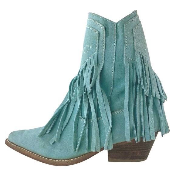 Free People Lawless Fringe Blue Suede Pointed Toe Zip Western Boots Booties Sz 6 - Picture 1 of 8